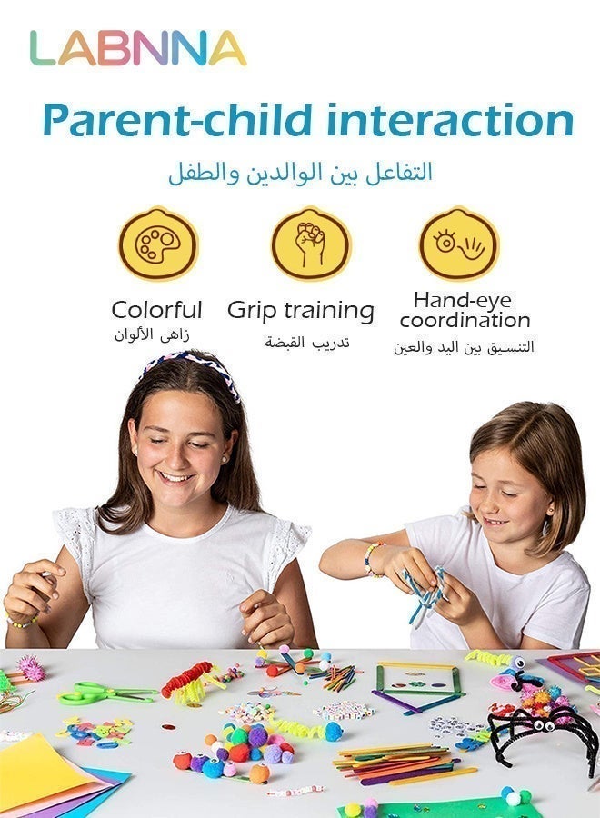 LABNNA أكثر من 800 قطعة من لوازم الفنون والحرف اليدوية المصنوعة يدويًا مع صندوق تخزين، مجموعة مواد مع حروف EVA ونجوم وملصق وريش آيس كريم وزر وكرة شعر وإكسسوارات يدوية لتعليم الأطفال - Image 3